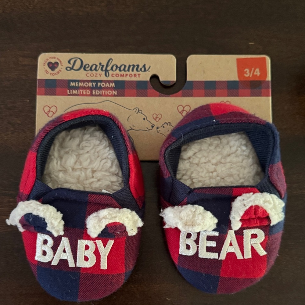 Dearfoams Baby Bear Red and Blue Plaid Slippers
